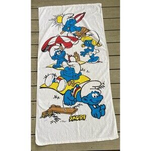 Vintage 1980’s Smurfs White Beach Towel Papa Smurf Surfing Peyo Brainy Smurfette